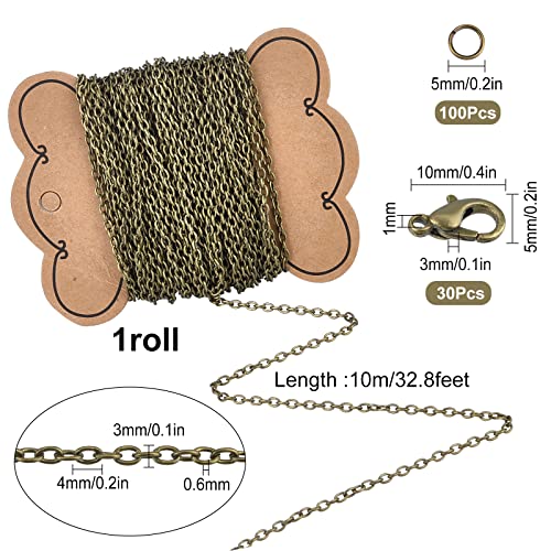 SUNNYCLUE DIY 33 Feet Antique Bronze Curb Cable Chain Link Necklace Width 4mm with 30 Brass Lobster Claw Clasps, 100 Brass Jump Rings Antique Bronze Jewelry Chain for Jewelry Bracelet Necklace Making - color: Curb Cable Chain 4mm