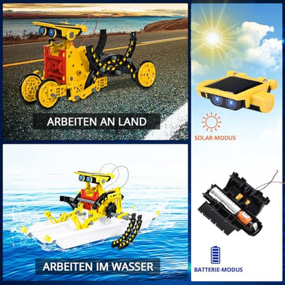 Solar Robot Kit for Kids Age 8-12, STEM Building Toys,12-in-1 Build Your Own Robot with Solar Panel & Battery Power, Science Engineering Christmas Birthday Idea Gifts for Boy Age 8 9 10 11 12 - color: Yellow