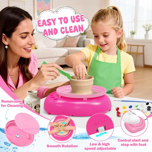 Weilim Pottery Wheel for Kids Beginners, Air-Dry Clay & Paint Kit Ages 6-12 - color: Pink