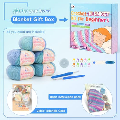 Aeelike Crochet Blanket Kit for Beginners, Easy Blanket Crochet Kits, Blue - color: Gift Box-Aurora Blue Gradient