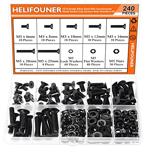 HELIFOUNER 240 Pieces M5 x 6mm /8mm /10mm /12mm /16mm /20mm /25mm, Countersunk Head Socket Cap Screws Bolts Washers Nuts Kit, 10.9 Grade Alloy Steel, Full Threaded, Black - size: M5, style: Countersunk Head