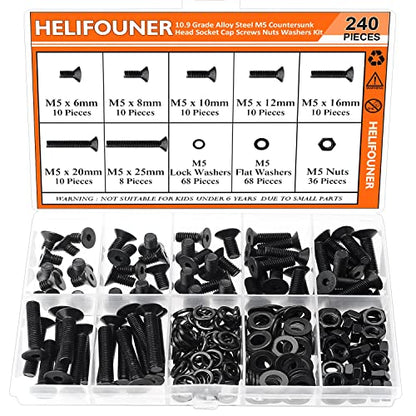 HELIFOUNER 240 Pieces M5 x 6mm /8mm /10mm /12mm /16mm /20mm /25mm, Countersunk Head Socket Cap Screws Bolts Washers Nuts Kit, 10.9 Grade Alloy Steel, Full Threaded, Black - size: M5, style: Countersunk Head