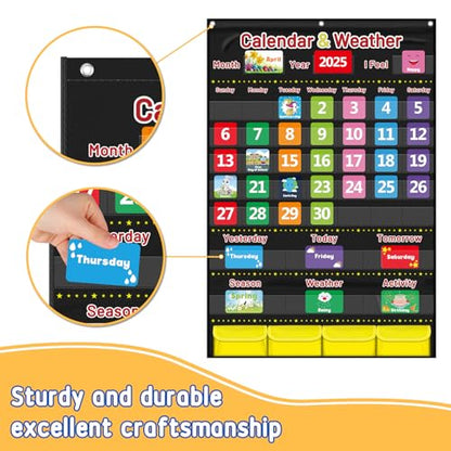 Calendar and Weather Pocket Chart for Kids Learning, Large 44.5”x28” Homeschooling Calendar Pocket Chart with 113 Cards, Teacher and Back to School Supplies - color: Black
