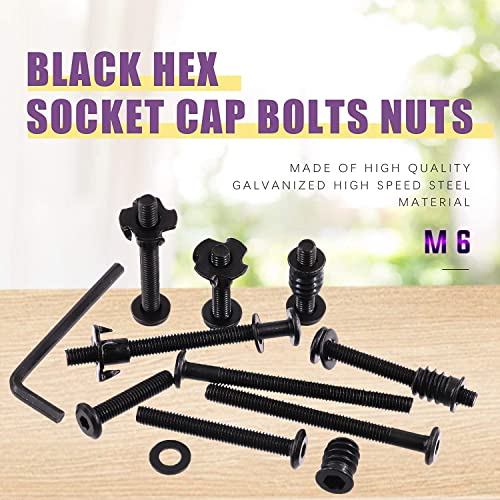 Swpeet 180Pcs M6 Carbon Steel Black Hex Drive Socket Cap Bolts and Threaded Inserts Nuts with T Nut 4 Pronged Tee Blind Nuts and Flat Washers Kit, 1Pcs Wrench Bolts Fully Threaded Hex Socket Screws