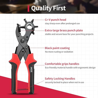 Revolving Punch Plier Kit, XOOL Leather Hole Punch Set for Belts, Watch Bands, Straps, Dog Collars, Saddles, Shoes, Fabric, DIY Home or Craft Projects, Heavy Duty Rotary Puncher, Multi Hole Sizes Make - style: Hole Puncher