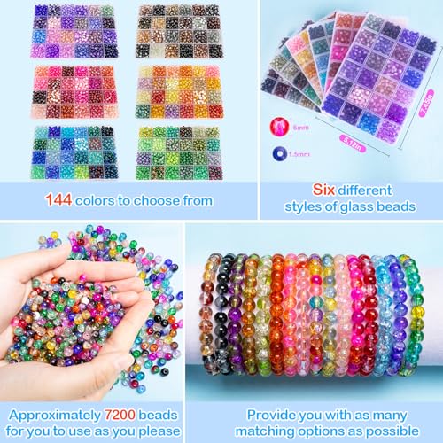 XSEINO About 7200pcs 144 Colors 6mm Crackle Glass Beads Bracelet Making Kit - color: All 6 Series