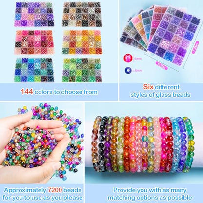 XSEINO About 7200pcs 144 Colors 6mm Crackle Glass Beads Bracelet Making Kit - color: All 6 Series