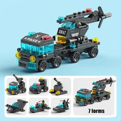 Special Police Building Blocks Toy - 7 in 1 Transformable Police Car Set, SWAT Truck & Helicopter STEM Toys for Kids Ages 6-12, Creative Birthday Gifts for Boys & Girls - color: City Special Police