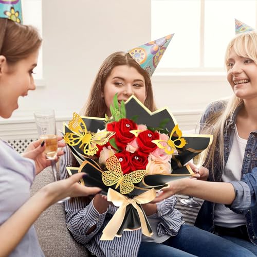 179Pcs Flower Wrapping Bouquet Paper Kit with 20 Sheets Black Floral Wrapping Paper,100 Pcs Diamond Bouquet Pins, 48Pcs 3D Gold Butterflies,1Roll Ribbon,10 Cards for Graduation Birthday Wedding DIY Craft