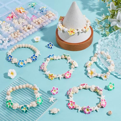 SUNNYCLUE 1 Box 148Pcs 6 Sets Summer Bracelet Making Kit Turquoise Turtle Beads Seestern Ocean Beach Hawaii Plumeria Flower Round Beads for Jewelry Making Necklace Adults Supplies Women Beginner - style: Flower 2
