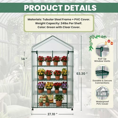 4 Tier Mini Greenhouse - Portable Greenhouse with Locking Wheels and PVC Cover for Indoor or Outdoor Green House by Pure Garden - size: 4 Tier
