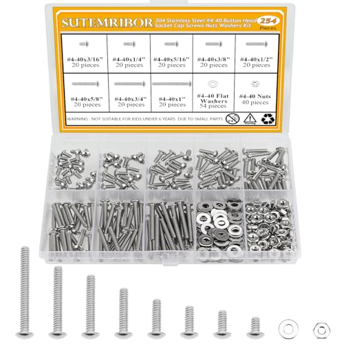 254 Pieces #4-40 x 3/16", 1/4", 5/16", 3/8", 1/2", 5/8", 3/4", 1", Button Head Socket Cap Screws Nuts Washers Assortment Kit - size: #4-40, style: Button Head Socket Cap