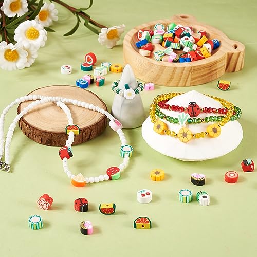 200Pcs Fruit Flower Clay Apple Strawberry Lemon Peach Watermelon Polymer Clay Daisy Cactus Butterfly Ladybug Clay Spacer Beads for DIY Bracelet Necklace Jewelry Making - color: Mixed Shape