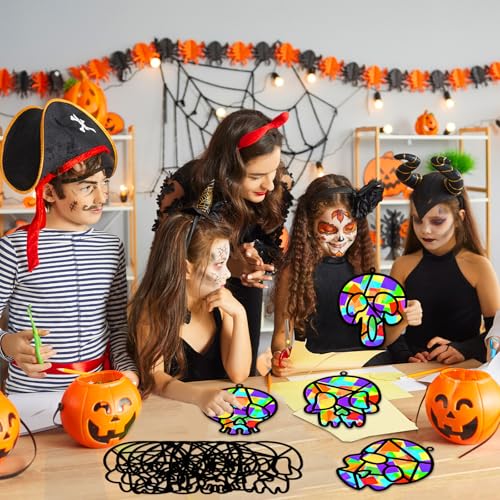 Lonfliness 32 Sets Sugar Skull Suncatchers Crafts Kit DIY Day of The Dead Window Stained Glass Effect Paper Halloween Dia de Los Muertos Easter Art Craft Creative Activity Project Gift Favor - style: Halloween Skull