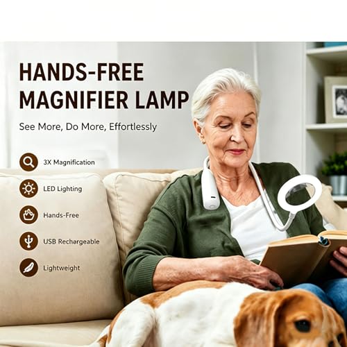 Neck Wear Magnifying Glass with Light, Hands Free Flexible Gooseneck Magnifier LED Lamps for Craft Hobby, Painting, Reading, Sewing, Close Work (White)