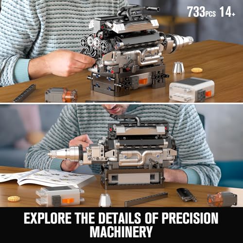 Mould King V12 Engine Model Building Kit that Works, Build Your Own Cars Combustion Battery/Motor 10205 Blocks Sets, STEM Kit Gift for Adults 14+, V8 Engine Series for Display Collection(733 Pcs) - style: V12 Engine