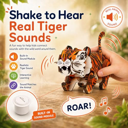 MierEdu Build 'N' Sound 3D Puzzle for Kids, Animal Puzzle with Sound Module, Educational STEM Craft Kit, FSC Paper Model Building Toy Gift for Ages 6+ - color: Tiger
