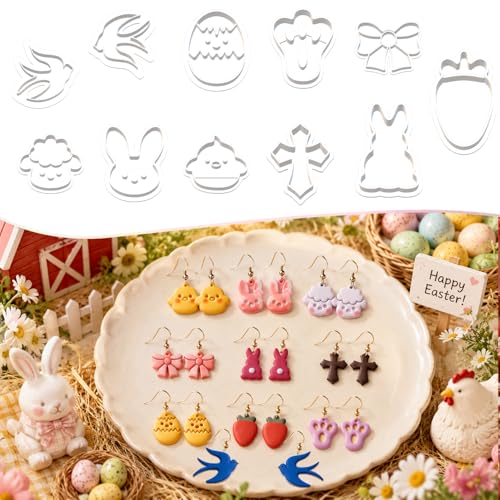 Easter Farm Clay Cutter Set for Polymer Clay Earrings – 11PCS Easter Animal & Spring Shape Cutters for DIY Jewelry Making, Earrings, Charms & Crafts - color: Easter