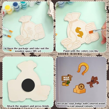 JellyArch 24 Pcs West Cowboy Wooden Painting Kits with Magnets, 12 Designs - style: West Cowboy