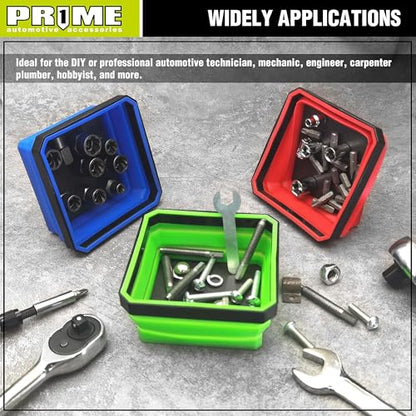 PR1ME Collapsible Magnetic Parts Tray Set, Foldable Magnetic Tray, 3 Pieces 4.25 inch Square Silicone Bowls with Magnetic Base Stores and Organizes Small Parts and Tools (Pack of 2) - size: Basic Trays (Pack of 2)
