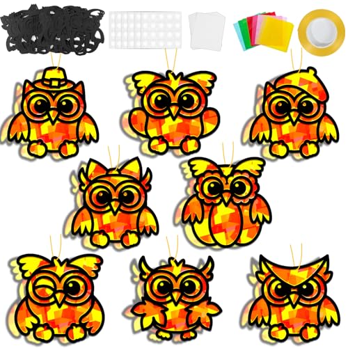 QOUBAI 32 Sets Fall Owl Suncatchers Craft Kit DIY Window Stained Glass Effect Autumn Owl Paper Crafts Home School Classroom Decoration Kid Birthday Gift Creative Art Project Activity Game - style: Fall Owl