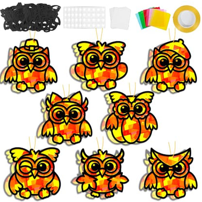 QOUBAI 32 Sets Fall Owl Suncatchers Craft Kit DIY Window Stained Glass Effect Autumn Owl Paper Crafts Home School Classroom Decoration Kid Birthday Gift Creative Art Project Activity Game - style: Fall Owl