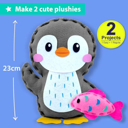 KRAFUN Beginner Sewing Kit, Sew Penguin & Fish, Pre-Cut Felt, Kids Ages 5+ - color: Penguin