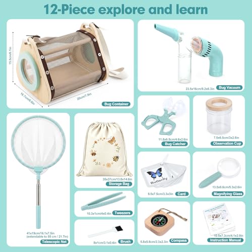 Kids Bug Catcher Kit, 11-Piece Outdoor Explorer Set with Bug Vacuum, Wooden Insect House, Butterfly Net, Ages 4-8