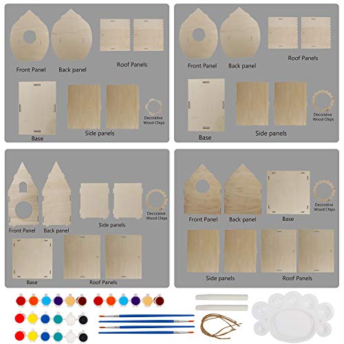 Glintoper Art Craft Wood Toys for Kids, 4 Pack DIY Bird House Kit Painting Puzzle DIY Wooden Assembly, Build and Paint Birdhouse, Include Paints & Brushes, Wooden Arts for Girls Boys Toddlers