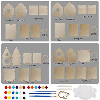 Glintoper Art Craft Wood Toys for Kids, 4 Pack DIY Bird House Kit Painting Puzzle DIY Wooden Assembly, Build and Paint Birdhouse, Include Paints & Brushes, Wooden Arts for Girls Boys Toddlers
