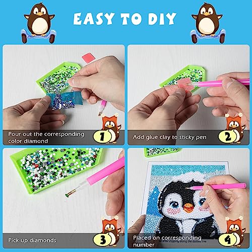 QEUOYSS Diamond Art Kit for Kids with Wooden Frame Art and Crafts for Kids Ages 6-8 -10-12 Easy to DIY Diamond Art for Kid and Adult Beginners Home Wall Decoration (Penguin) - style: Penguin