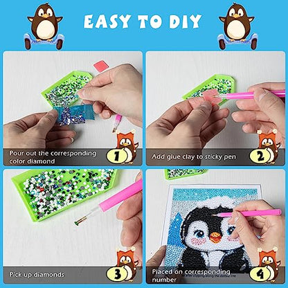 QEUOYSS Diamond Art Kit for Kids with Wooden Frame Art and Crafts for Kids Ages 6-8 -10-12 Easy to DIY Diamond Art for Kid and Adult Beginners Home Wall Decoration (Penguin) - style: Penguin
