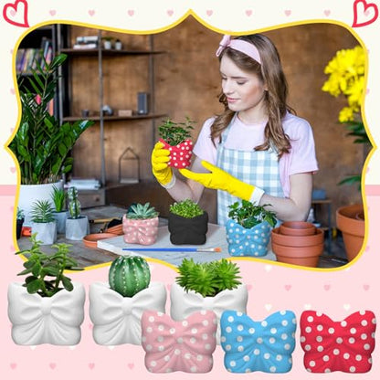Beeveer 6 Sets Paint Your Own Coquette Bow Succulent Planter Ceramic Blank Unpainted Flower Pots DIY Paintable Porcelain Vase Kit for Kids Christmas Classroom Craft Project Activity Supplies - style: Coquette Bow