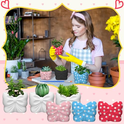 Beeveer 6 Sets Paint Your Own Coquette Bow Succulent Planter Ceramic Blank Unpainted Flower Pots DIY Paintable Porcelain Vase Kit for Kids Christmas Classroom Craft Project Activity Supplies - style: Coquette Bow