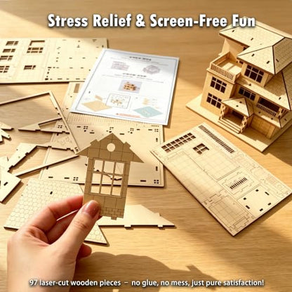 3D Wooden Puzzles for Adults,Miniature Villa Model Kit,DIY Craft Gift - color: Original Wood Color-three Layers