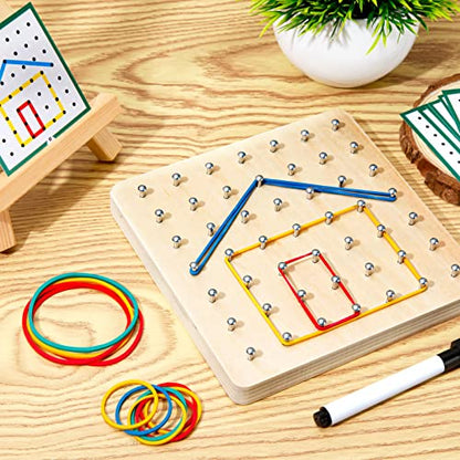 HEELWIRE Wooden Geoboard,Montessori Toy,Graphical Mathematical Education Toy for Kids with Pattern Cards and Rubber Bands to Figures and Shapes, Brain Teaser STEM Toy Geo Board (6 * 6 * 0.6 in) - size: 6*6*0.6 in