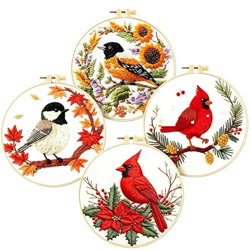 Zhenqing 4-Piece Bird Embroidery Kit for Beginners, Cardinal and Chickadee Pre-Printed Needlework Set with Hoop, Threads & Tools (C0255) - color: 4 Seasons Bird Embroidery