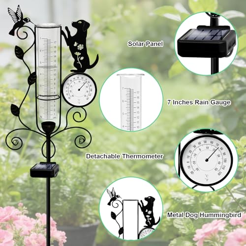 YJFWAL Metal Dog Solar Rain Gauge Outdoor with LED Light and Thermometer - color: Dog
