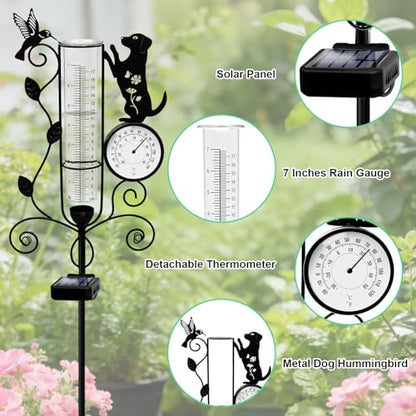 YJFWAL Metal Dog Solar Rain Gauge Outdoor with LED Light and Thermometer - color: Dog