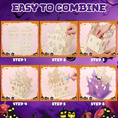 DoubleFill 12 Set Halloween Wooden Castle House Craft Kits with Paints