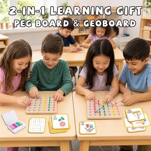 Wooden Peg Board and Geoboard for Kids Age 5+, Montessori Fine Motor Toy