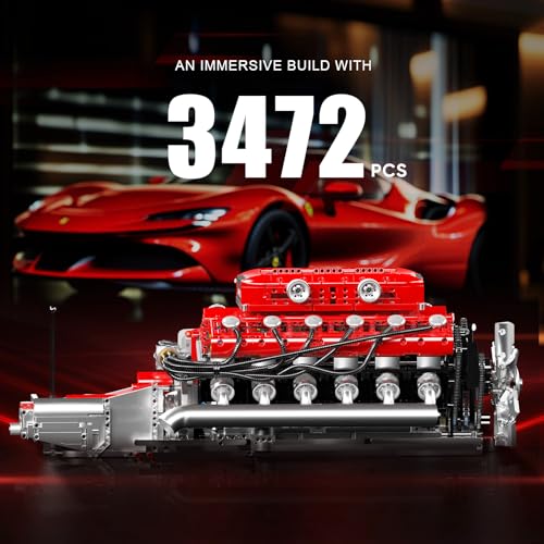 Mould King V12 Engine Model Kit That Runs, MOC Engineering Model Building Kit with Battery and Motor, 3472 PCS STEM Engineering Building Blocks for Adults - color: Red
