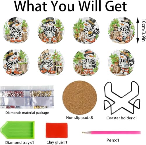 XUCNWL 8 PCS Christmas Diamond Art Coasters Kit, Scarf Snowman, 4X4 Inch - color: Christmas-1