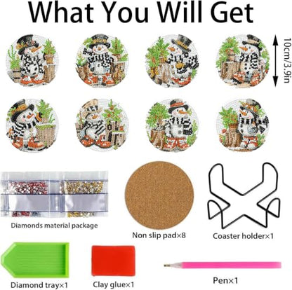 XUCNWL 8 PCS Christmas Diamond Art Coasters Kit, Scarf Snowman, 4X4 Inch - color: Christmas-1