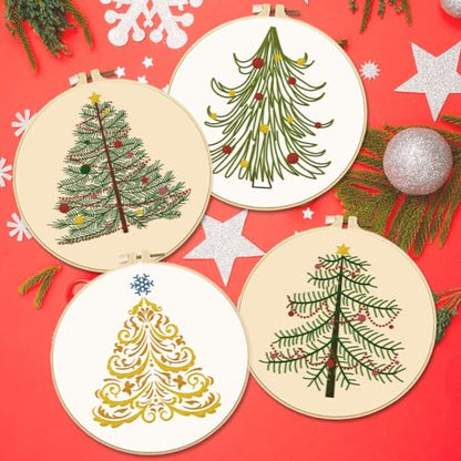 BEUNITONE 4PCS Christmas Tree Embroidery Kit Merry Christmas Stamped Snowflake Pine Tree Needlepoint Kit DIY Adult Beginner Stamped Cross Stitch Kit with Patterns and Instructions - color: 05-Christmas Tree