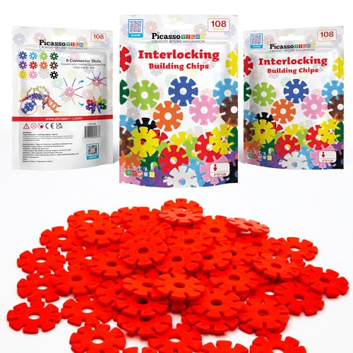 PicassoTiles Building Chips Interlocking Disc Construction Blocks in Red Color STEM Learning Early Education Toy Engineering Playset Child Brain Development for Toddlers Girls Boys Kids Age 3+ PTF108 - color: Red