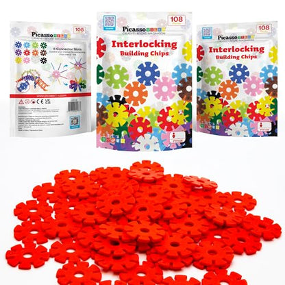 PicassoTiles Building Chips Interlocking Disc Construction Blocks in Red Color STEM Learning Early Education Toy Engineering Playset Child Brain Development for Toddlers Girls Boys Kids Age 3+ PTF108 - color: Red
