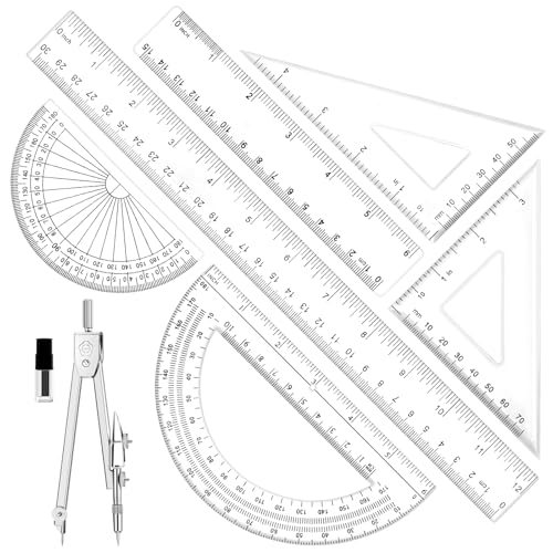 7Pcs Geometry Set-Clear Plastic Rulers,Triangle Ruler,Protractor,Compass
