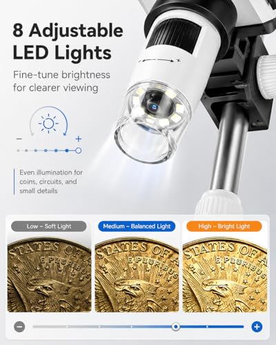 Digital Coin Microscope 1000X, 4.3" LCD Coin Magnifier with Screen for Error Coins, 1080P USB Microscope with 8 Adjustable LED Lights, Photo & Video, Built-in Storage, Compatible with Windows/MacOS - color: White