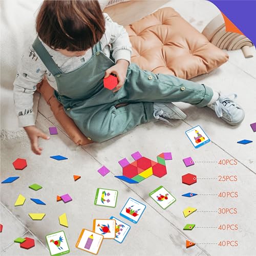 215 PCS Wooden Pattern Blocks Set, 24 Double-Sided Design Cards Pattern Building Shapes Educational Geometric Shape Puzzle Fun Tangram Montessori Learning Toys for Kids Ages 4-8 (A Storage Bag) - style: 215 Pcs Blocks Set